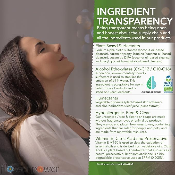 Natural Flower Power Liquid Dish Soap – Free & Clear (Unscented) – Plant-Based & Scented w/ Pure Essential Oils – Natural Dishwashing Detergent – Sulfate-Free Kitchen Soap – Vegan (16 Fl Oz 3 Pack)