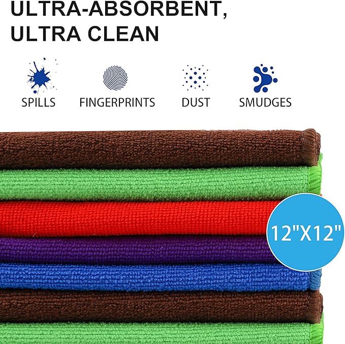 Microfiber Cleaning Cloths – 50 Pack, 12"x12" Ultra Soft & Lint-Free Cleaning Towels for Kitchen, Car, Glass, Window & Home – Reusable Microfiber Rags