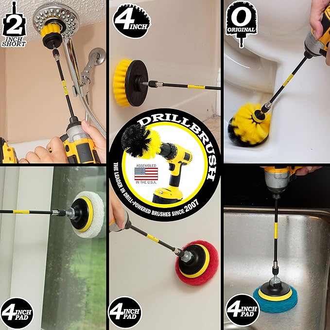 Drillbrush Power Scrubber Brush Set - Drill Brush Attachment - Bathroom Cleaner Scrub Brush - Toilet Brush Cleaning Supplies - Glass Shower Door Cleaner - Powered Tile Cleaner Bathtub Scrubber