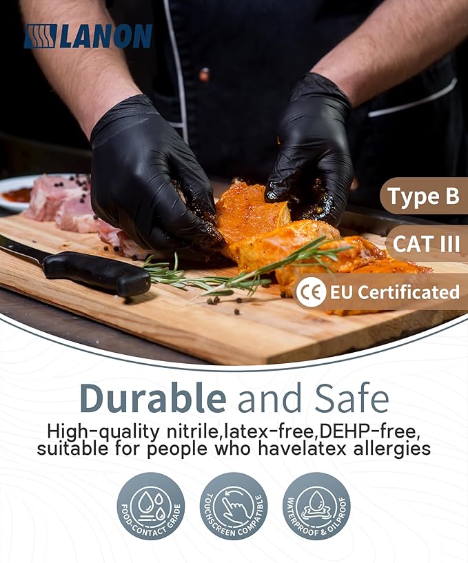 LANON Food Safe Disposable Nitrile Gloves, Latex-Free, Powder-Free, Silicone-Free, Textured Fingertips, Cooking, Black，Small