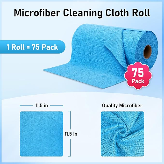 HOMERHYME Microfiber Cleaning Cloth Roll, 75 Pack Tear Away Microfiber Towel, Reusable Washable Shop Towels, Lint Free All-Purpose Cleaning Rags Wash Cloths for Home Car Kitchen Automotive 11.5"x11.5"