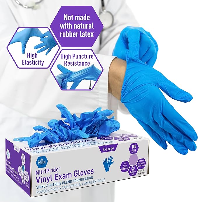 MED PRIDE Single Use Non Sterile Nitrile Vinyl Blend Gloves, Powder, Latex, Rubber Free Disposable Nurse Gloves for Medical, Cooking, Cleaning (X-Large 100)