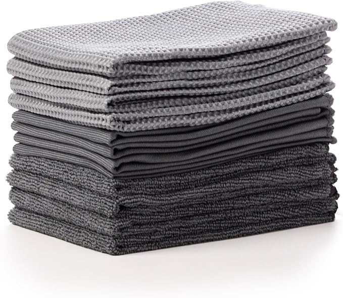 BINO Grey Ombre 15x15 Inches Assorted Microfiber Cleaning Towel Set - Ultra Absorbent Cleaning Towels - All Purpose Microfiber Towels - 12 Pack