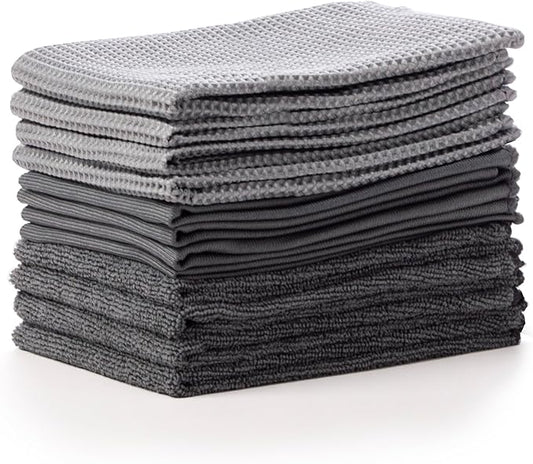 BINO Grey Ombre 15x15 Inches Assorted Microfiber Cleaning Towel Set - Ultra Absorbent Cleaning Towels - All Purpose Microfiber Towels - 12 Pack
