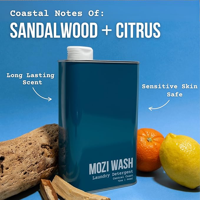 Mozi Wash Laundry Detergent Liquid, Central Coast- Sandalwood & Lavender, 50+ Loads, Concentrated, Non toxic, Plant Based Enzyme Cleaners, Long Lasting Luxury Clean, Cologne Soap for Men, 32 oz