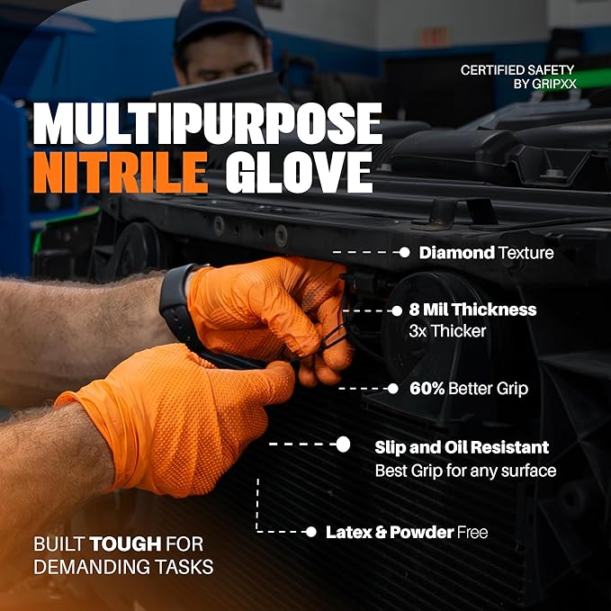 Herkules Grip Heavy Duty 8Mil Orange Nitrile Gloves,3D Raised Diamond Texture-Latex & Powder Free-Industrial, Mechanic