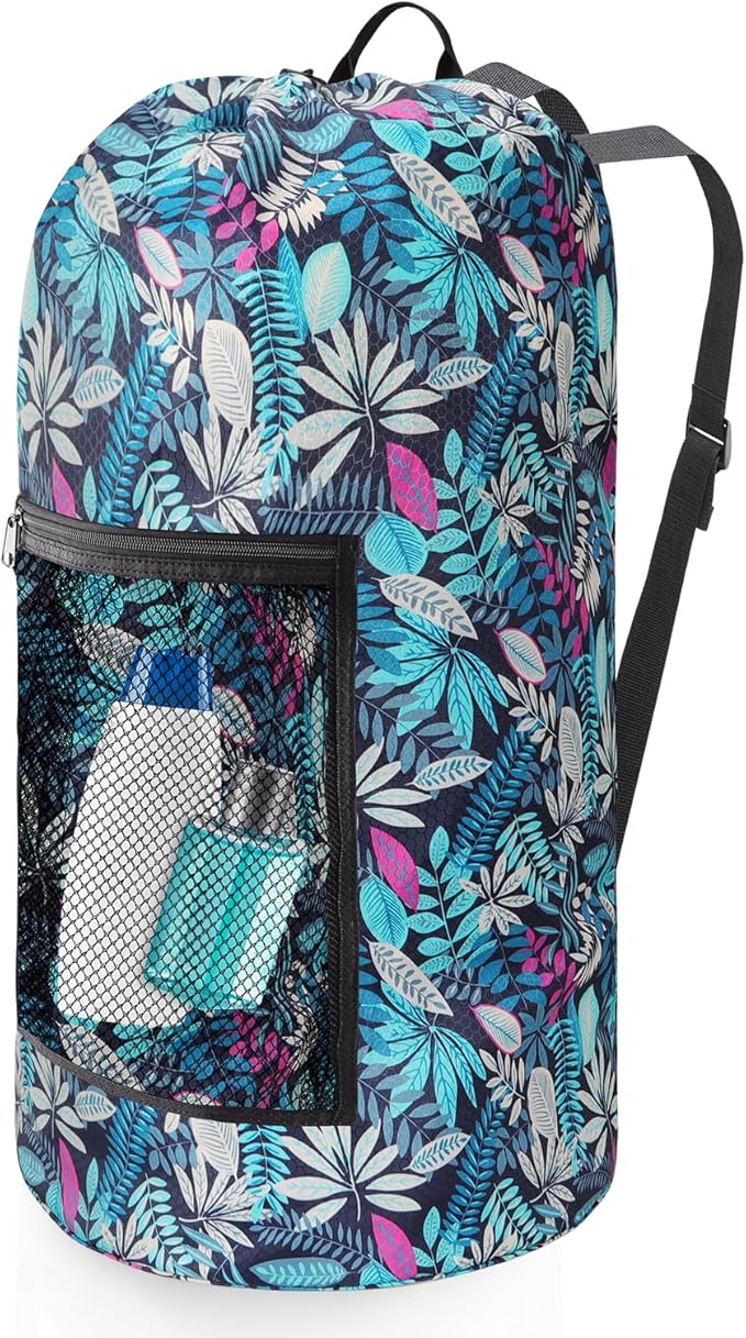 Green Leaf Portable Laundry Bag Backpack with Adjustable Straps & Drawstring Closure, Mesh Pocket - Ideal for College, Apartment, Camping