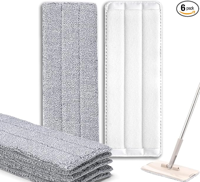 6 Pack Microfiber Mop Replacement Pads Compatible with Joymoop, Bosheng Flat mop or Squeeze Mop Bucket Set, Washable and Reusable 13" x 4.9" Wet/Dry Flat Mop Pads for Cleaning Floor