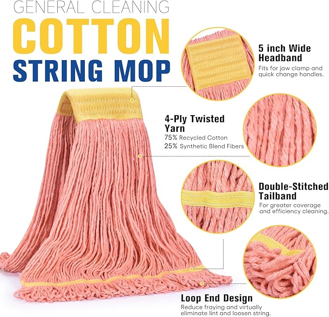 Matthew Cleaning Commercial Mop Head Replacement, 5 Inch Wide Headband, Looped End Cotton Blend String Wet Mops for Floor Cleaning, 24 oz Large, 3-Pack Orange