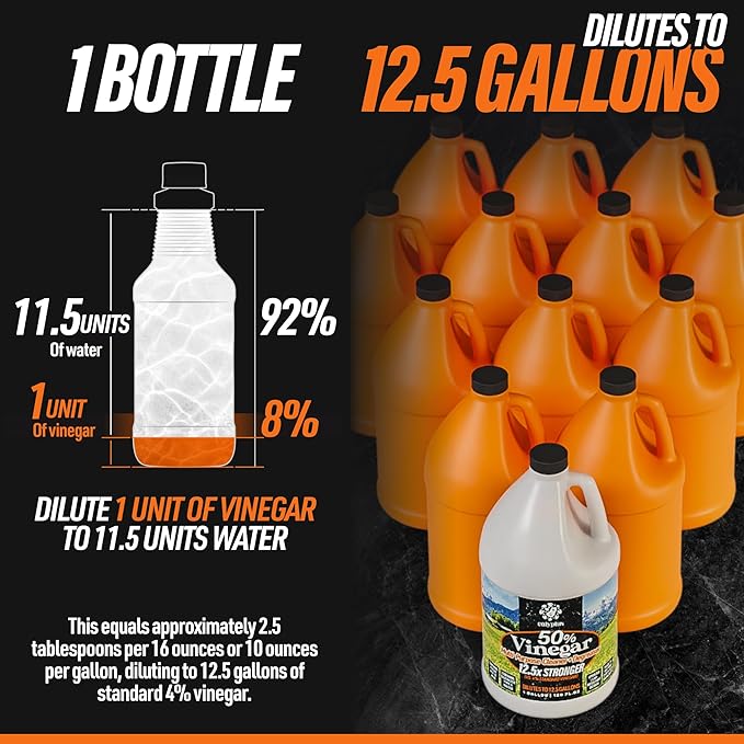 Calyptus 50% Pure Concentrated Vinegar | Maximum-Performance (12.5X) Power | Technical Grade | Dilutes Easily to 5% Acidity (1.5 Cups per Gallon) | Home and Outdoor Cleaning Concentrate | 2 Gallon