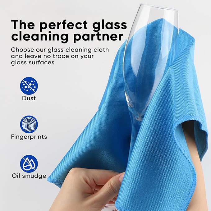 HOMEXCEL Microfiber Glass Cleaning Cloths 6 PK, Lint Free Streak Free, Reusable Microfiber Cleaning Cloth for Cleaning Windows, Glasses, Mirrors, Screens, Stainless Steel, and More, Blue-14”×16”