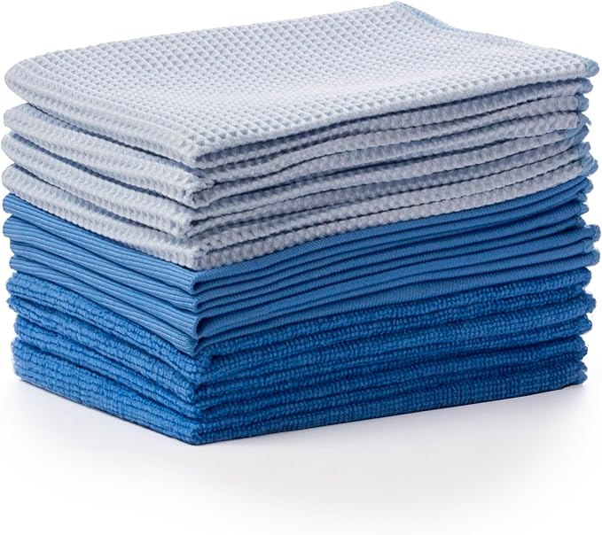 BINO Light Blue Ombre 15x15 Inches Assorted Microfiber Cleaning Towel Set - Ultra Absorbent Cleaning Towels - All Purpose Microfiber Towels - 12 Pack