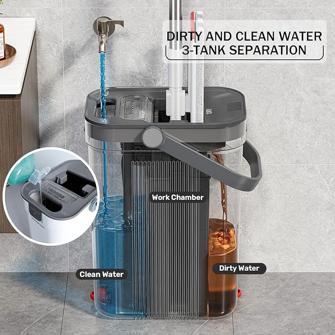 Mop and Bucket Set, Flat Mop and Bucket System with Separate Dirty and Clean Water, 3-Compartment Wall Cleaner Mop, Flat Mops for Floor Cleaning with 4 Microfiber Pads