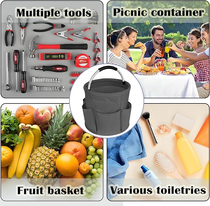 17L Cleaning Caddy with Handle, Garden Tool Organizers Bag, Cleaning Bucket Organiser, Foldable Gardening Bags Multi Pocket, Grey