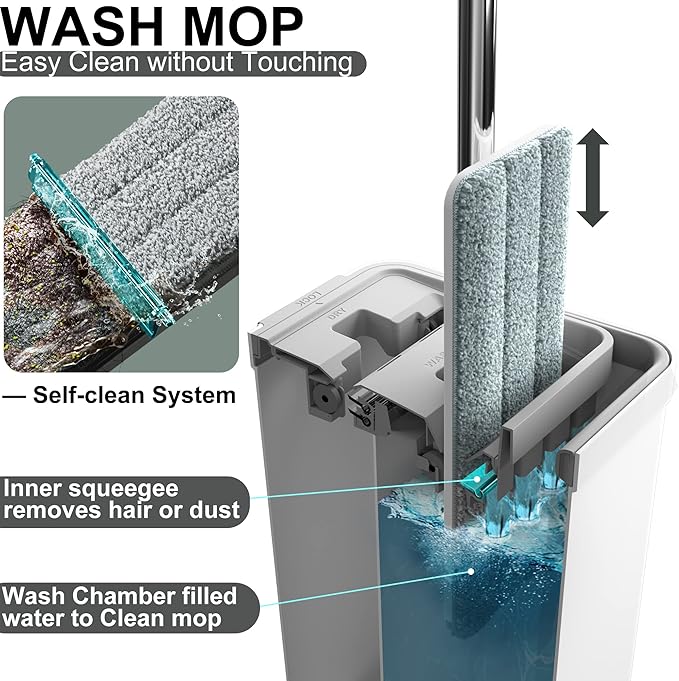 Mop and Bucket with Wringer Set, Flat Floor Mop and Bucket, with 2 Mops and 4 Microfiber Cleaning Cloths for Floor Cleaning, Wet and Dry Use for Household Cleaning