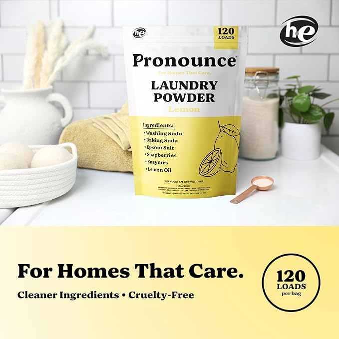 Pronounce Laundry Detergent Powder Alternative | Earth-Derived Ingredients, Eco-Friendly, Safer for Sensitive Skin, Eczema, and Babies. Stain + Smell Fighting. HE Safe (Lemon, 120 Loads).