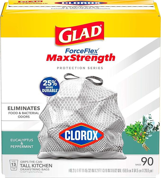 Glad Tall Kitchen Trash Bags 13 Gallon, MaxStrength Eucalyptus and Peppermint Garbage Bags, Drawstring, 90 Count
