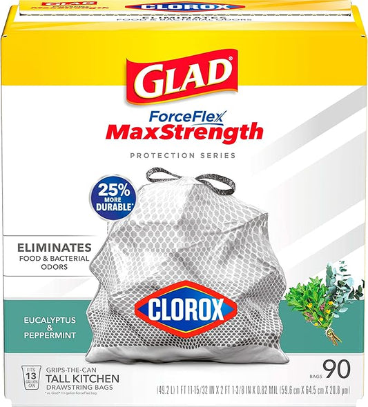 Glad Tall Kitchen Trash Bags 13 Gallon, MaxStrength Eucalyptus and Peppermint Garbage Bags, Drawstring, 90 Count