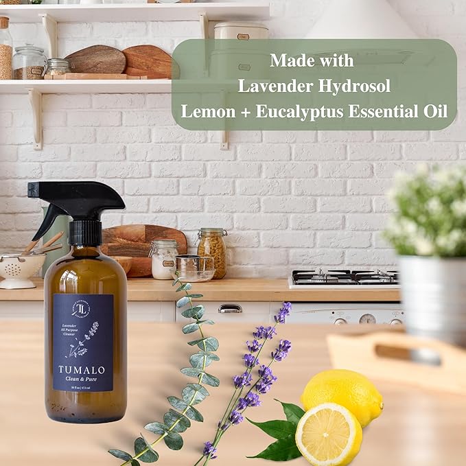 Natural All Surface Multi-Purpose Cleaning Spray - Made in the USA with Lavender Hydrosol, Lemon & Eucalyptus Essential Oils, Ideal for Kitchen, Bathroom, Windows, Stainless Steel Surfaces, 18.5oz
