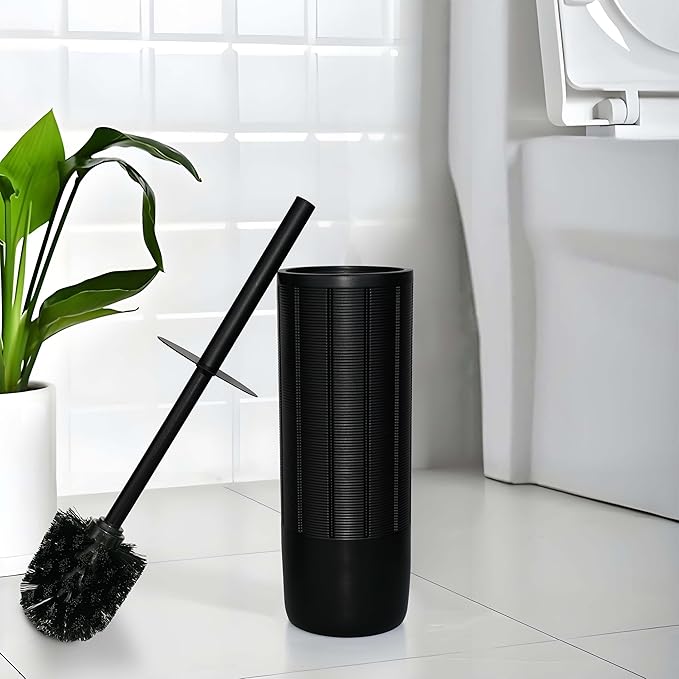 Matte Black Ribbed Design Resin Toilet Bowl Holder and Brush Set, Durable Bathroom Cleaning Tool with Ergonomic Handle and Efficient Bristles, Stylish and Compact Design