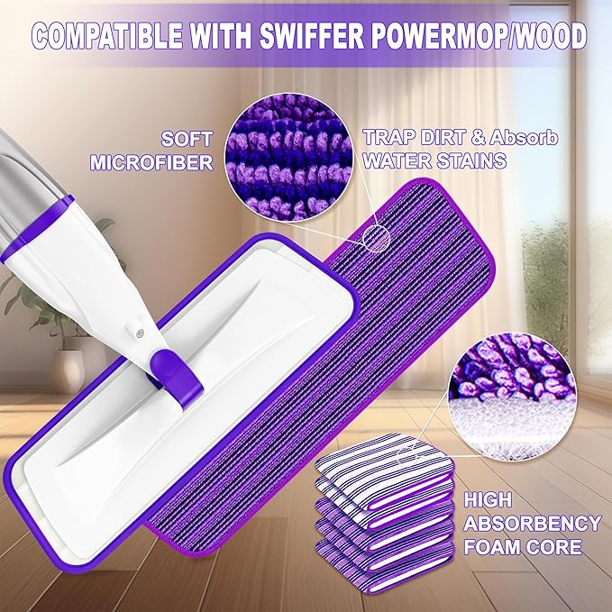 Spray Mop for Hardwood Floor Cleaning: EXEGO Wet Mops with 5 Microfiber Refillable Pads for Swiffer Powermop - Mopping Tools with Sprayer for Tile Wood Laminate Vinyl Marble