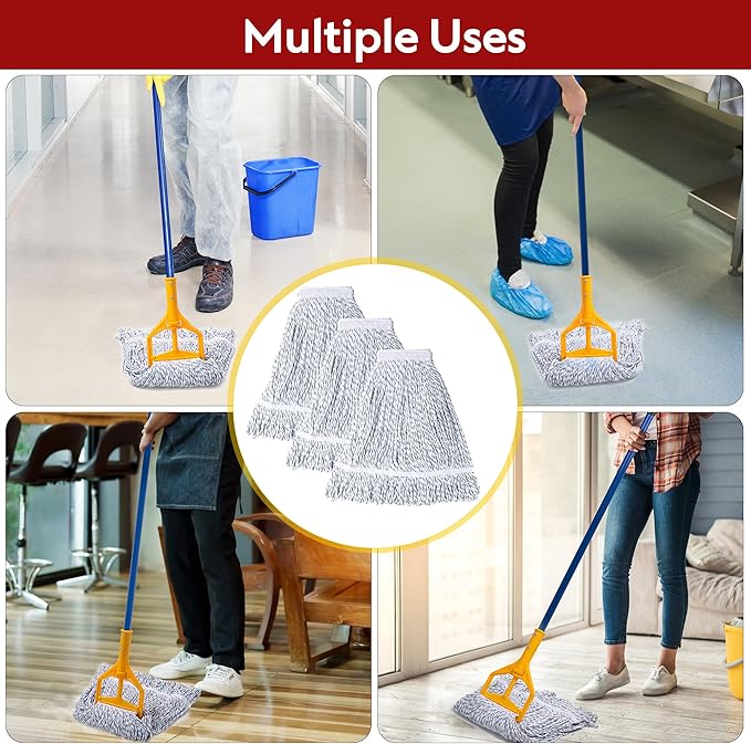 Matthew Cleaning Looped-End Pack of 12 Cotton,1.25'' Universal Headband Heavy Duty Commercial Mop Head Replacement for Indoor&Outdoor Use,Grease Stain Floor Cleaning String Mops Head Refill