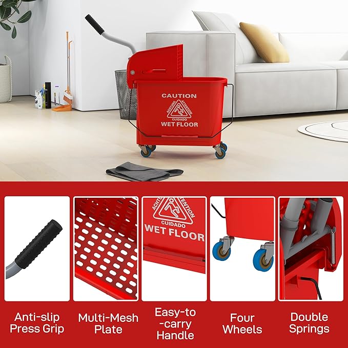 HOMCOM Compact Mop Bucket with Wringer on Wheels for Floor Cleaning, 21 Quart, Separate Dirty and Clean Water, for Home, Apartment, Red