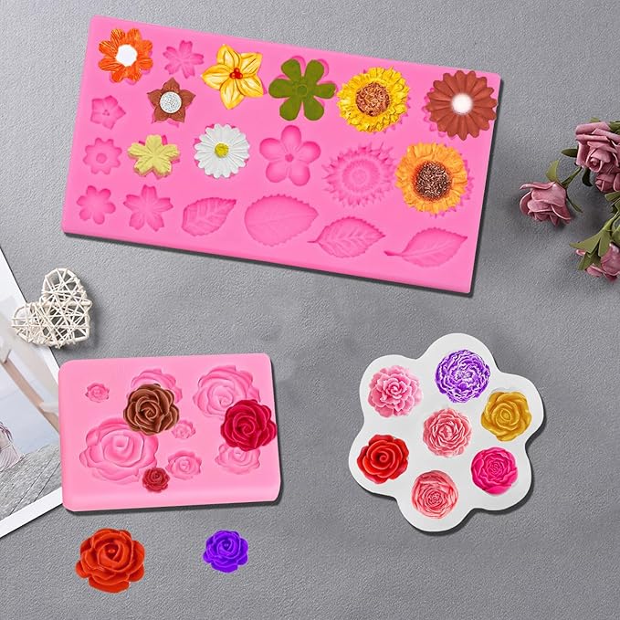 3 Pcs Flower Silicone Molds for Fondant, Chocolate, and Candy, 3D Rose Sunflower Daisy and Leaf Shapes for Cake Decorating, Sugarcraft, Soap, Candle, Jewelry Casting, and DIY Crafting