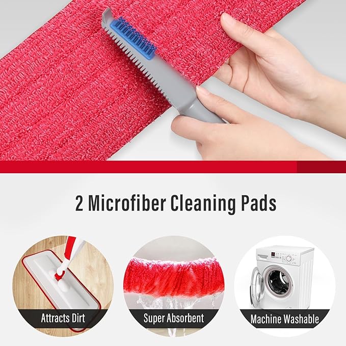 Spray Mops for Floor Cleaning Floor Mop with a Refillable Spray Bottle and 2 Washable Microfiber Pads Home or Commercial Use Dry Wet Flat Mop for Hardwood Laminate Wood (Red)