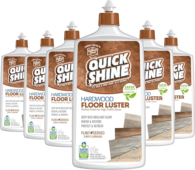 Quick Shine Hardwood Floor Luster-Polish 27oz-6pk | Plant-Derived w/Carnauba | Safer Choice, No PFAS, pH Neutral | Ready to Use Formula w/Anti-Slip Technology | Simply Squirt & Spread | Made in USA