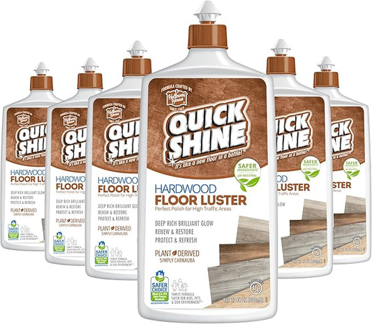 Quick Shine Hardwood Floor Luster-Polish 27oz-6pk | Plant-Derived w/Carnauba | Safer Choice, No PFAS, pH Neutral | Ready to Use Formula w/Anti-Slip Technology | Simply Squirt & Spread | Made in USA