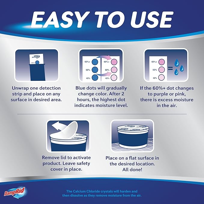 DampRid Hi-Capacity Moisture Absorber Bucket, Fragrance Free, 2 lb. 15.5 oz. & Moisture Detection Strip (2 Pack), Attracts & Traps Excess Moisture