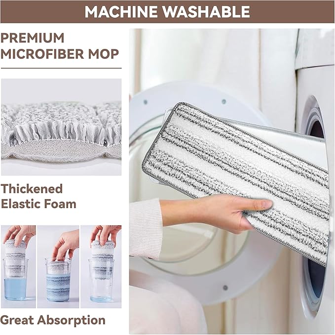 Microfiber Flat Mop Pads, 13-Inch Washable and Reusable Refills, 6-Pack Replacement for Wet and Dry Floor Cleaning, Compatible with 11-13" Hook and Loop (Velcro) Flat Mops