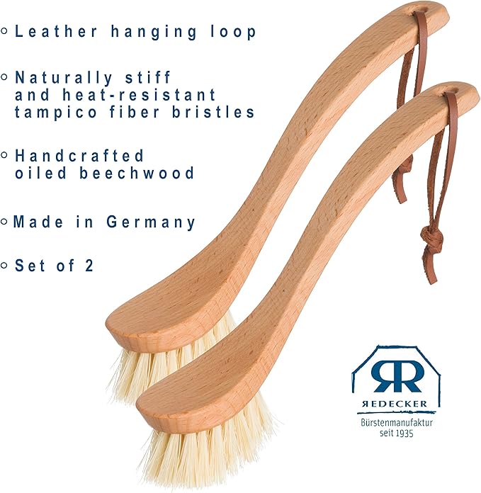 REDECKER Curved Dish Brush - Natural Tampico Fiber Bristles, Ergonomic Design with Oiled Beechwood Handle 9-1/4 inches, Set of 2 - Natural Bristle Kitchen Brush with Handle, Made in Germany