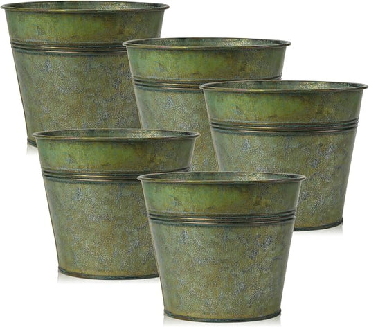 Briful 5PCS Galvanized Buckets 7.1In Rustic Farmhouse Metal Bucket Galvanized Flower Bucket Plants Pot, Home Indoor Outdoor Decor Tin Planter, Bronze