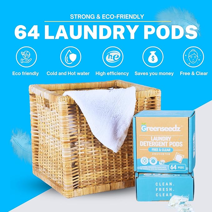 Laundry Detergent Pods Free & Clear, Unscented, 64 Count, Eco Friendly, Biodegradable, HE Compatible, Powerful Stain & Odor Removal, Skin Friendly