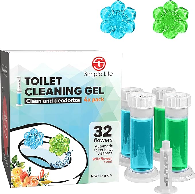 Simple Life Toilet Bowl Cleaner Gel | Fresh Flower Toilet Gel Stamp | Stops Limescale and Stains with Air Freshening Scent | Deodorizing Clean | 32 Stamps, Blue & Green