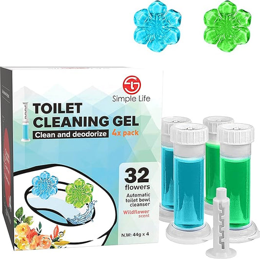 Simple Life Toilet Bowl Cleaner Gel | Fresh Flower Toilet Gel Stamp | Stops Limescale and Stains with Air Freshening Scent | Deodorizing Clean | 32 Stamps, Blue & Green