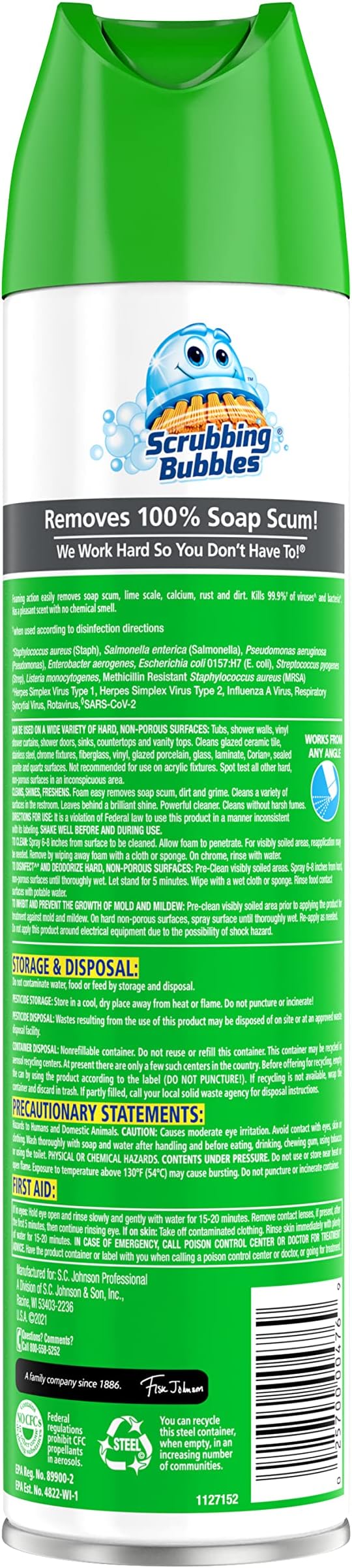 SC Johnson Professional, Scrubbing Bubbles Multipurpose Bathroom Cleaner & Disinfectant Aerosol, 25 Oz (Pack of 12)