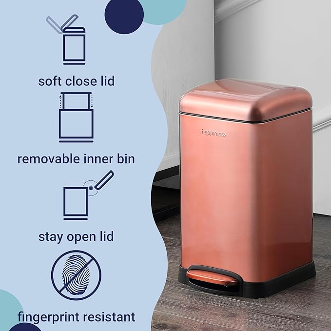 happimess HPM1012D Betty Retro Mini 3.2-Gallon Step-Open Trash Can with Soft-Close Lid, Modern, Minimalistic, Fingerprint Proof for Home, Kitchen, Laundry Room, Office, Bedroom, Bathroom, Rose Gold
