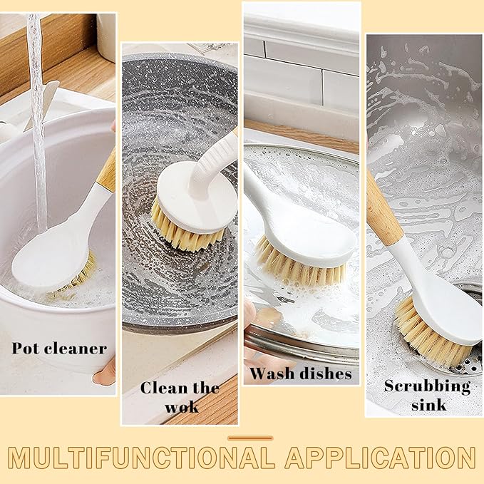 Dish Brush with Handle, Long and Short Handle Kitchen Scrub Brushes with Tough Bristles, Natural Dish Scrubber Brush for Dishes, Pans, Pots and Kitchen Sink Cleaning, 2 Pack White