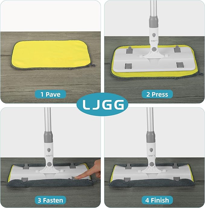 Reusable Microfiber Flat Mop for Floor Cleaning, 10.8 in (27.5 cm) Aluminum Base with 52 in Aluminum Handle, Includes 4 Washable Pads for Wet & Dry Use – LJGG (Gray/Yellow)