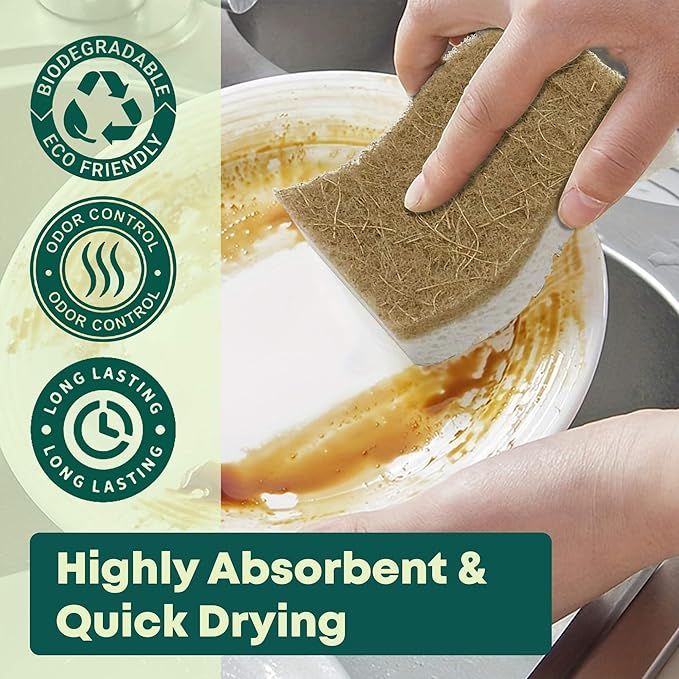 Natural Sponges Kitchen - 6 X-Large Biodegradable Non-Scratch Dish Scrubber, Multipurpose Compostable Sponges for Dishes, Cleaning Scrub Sponge Brush for Dishwashing