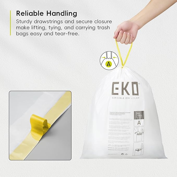 EKO 1.6 Gallon / 3-6 Liter, 80 Count Small Drawstring Trash Bags, Extra-Strong Unscented Garbage Bags, Easy-Dispense Roll for Kitchen & Household Use, Resists Tears, Leaks and Punctures, Code A, White