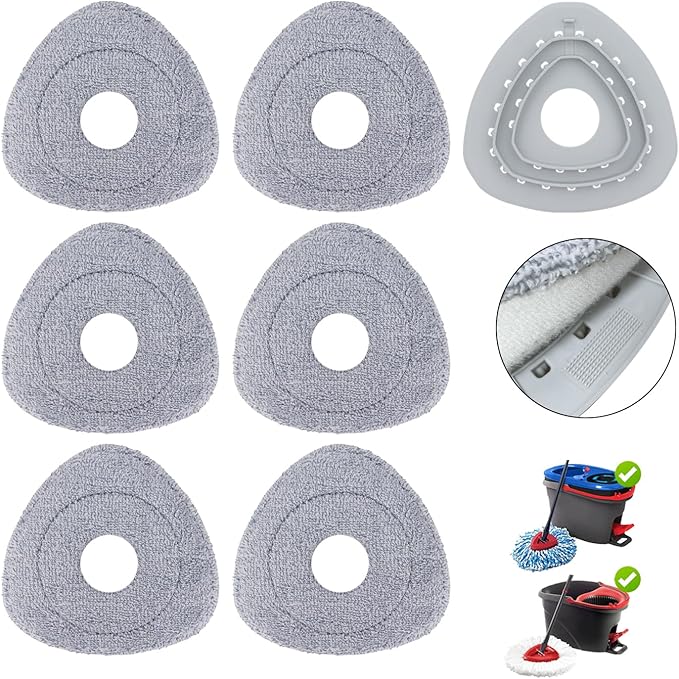 Spin Mop Head Refill for Vileda/Ocedar EasyWrin & RinseClea Spin Mop - Fit Both of EasyWrin 1-Tank & RinseClean 2-Tank System,Rotating Microfiber Triangle Replacement Pads - 6 Cloth 1 Mop Base