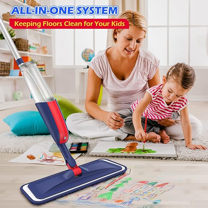 Wet Dust Mops for Hardwood Floor Cleaning - MEXERRIS Spray Mops with 4X Reusable Washable Pads 2X Bottles Microfiber Wood Floor Mop Home Commercial Use for Hardwood Wood Laminate Ceramic Tiles