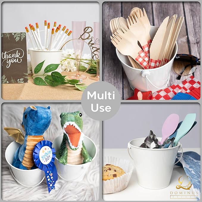 Small Metal Buckets with Handles - Leak-Proof Galvanized Pail - Multipurpose Tin Buckets for Party Favors, Organization, School, Weddings, Garden - Set of 6, White