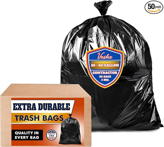 Veska Contractor Garbage Bags 55 Gallon Heavy Duty (MegaValue 50 Bags w/Ties) Contractor Trash Bags 50-60 Gallon 3 Mil Contractor Bag Heavy Duty 55 Gallon, Extra Large Industrial Contractor Trash Bags