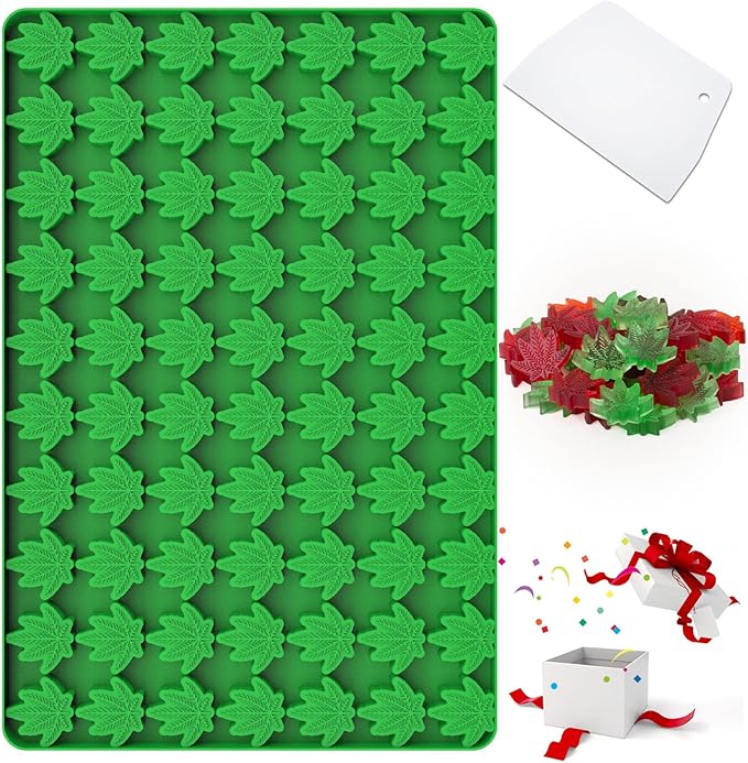 Marijuana Cannabis Hemp Leaf Silicone Molds with 70 Cavities Shaped for Pot Chocolate Candy Gummy, with Baking Scraper