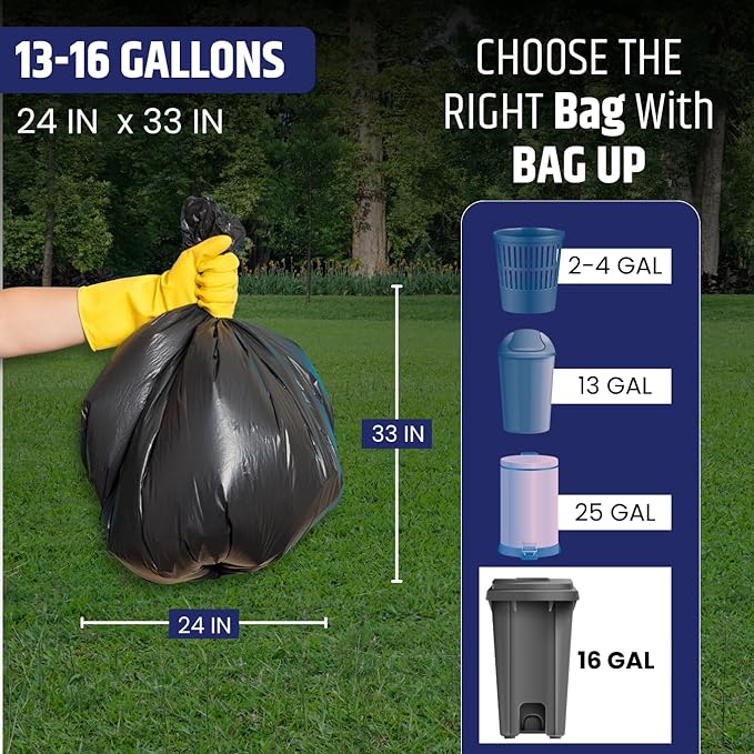 BAG UP Solutions Stronghold Trash Bags, Garbage Bags, Bin Liners, For Domestic & Office Use, 13-16 Gallons, 24 x 33 Inches, 500 Bags, Black